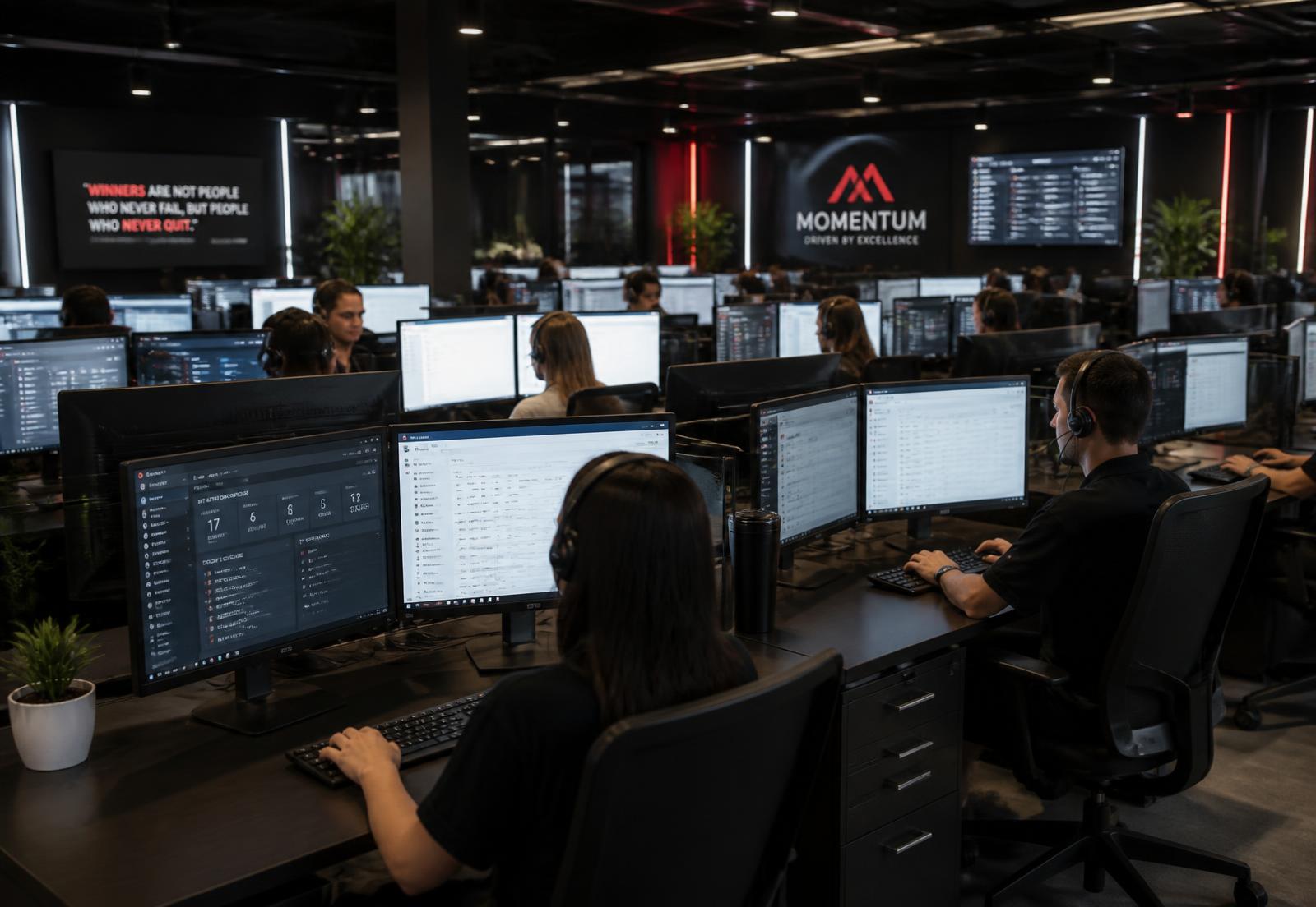 Equipe comercial em call center moderno utilizando headset e CRM